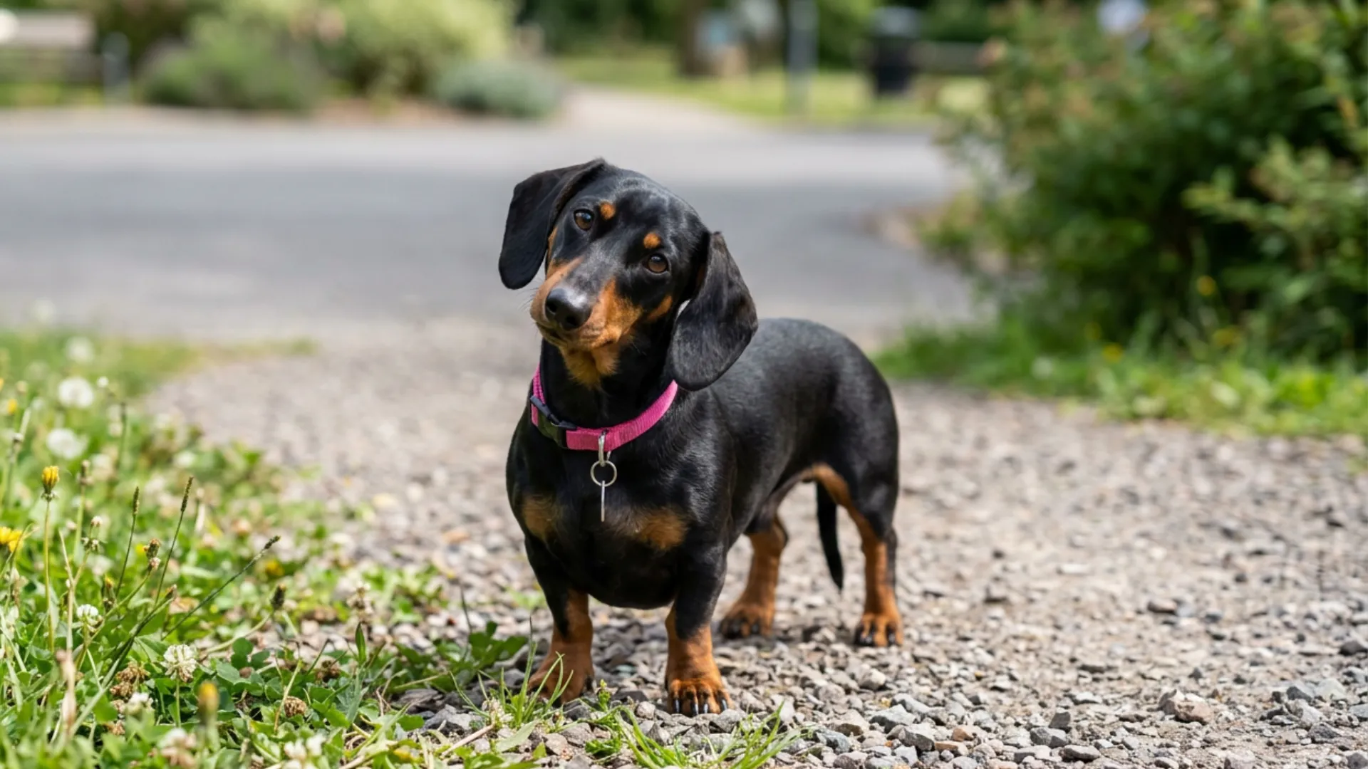 A black and tan Dachshund wearing a pink collar tilts its head while standing on a gravel path outdoors