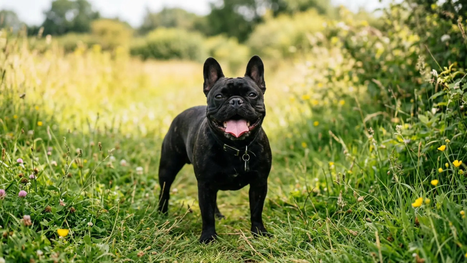 A black French Bulldog standing in a grassy green field with wildflowers, panting happily.