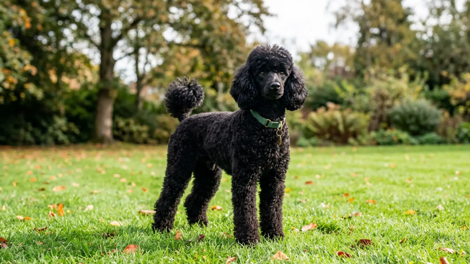 A black Poodle wearing a green collar stands proudly on a green lawn with scattered autumn leaves