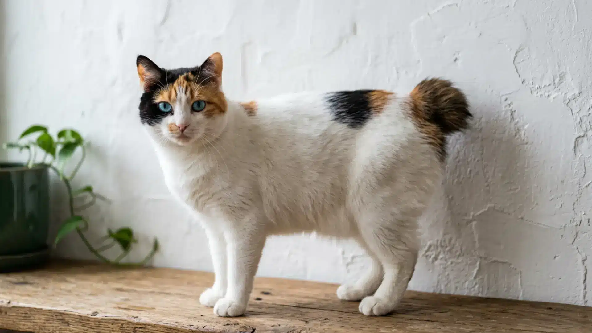 A blue-eyed calico Japanese Bobtail cat stands on a wooden bench against a white textured wall in
