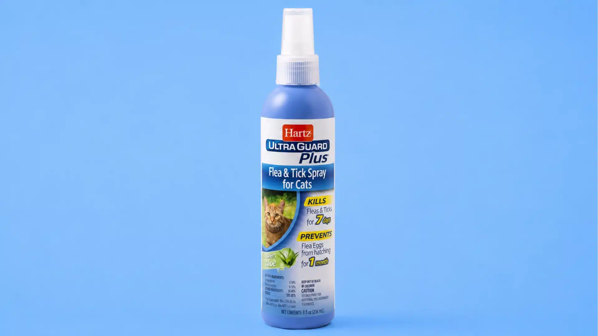 A blue spray bottle of Hartz UltraGuard Plus Flea & Tick Spray for cats, featuring an orange cat and aloe graphic