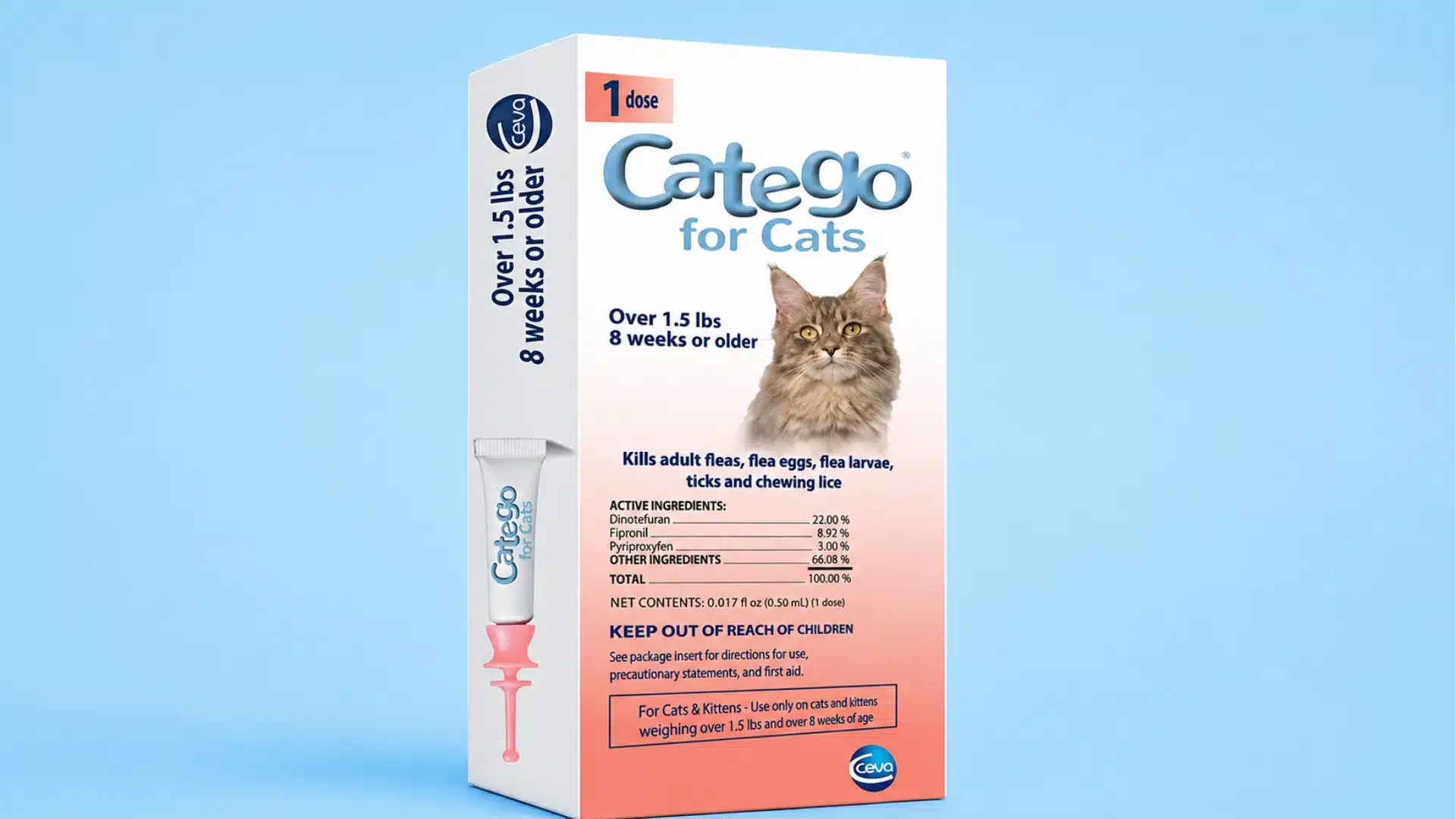 A box of Catego flea and tick treatment for cats over 1.5 lbs and 8 weeks or older, showing a cat on the front