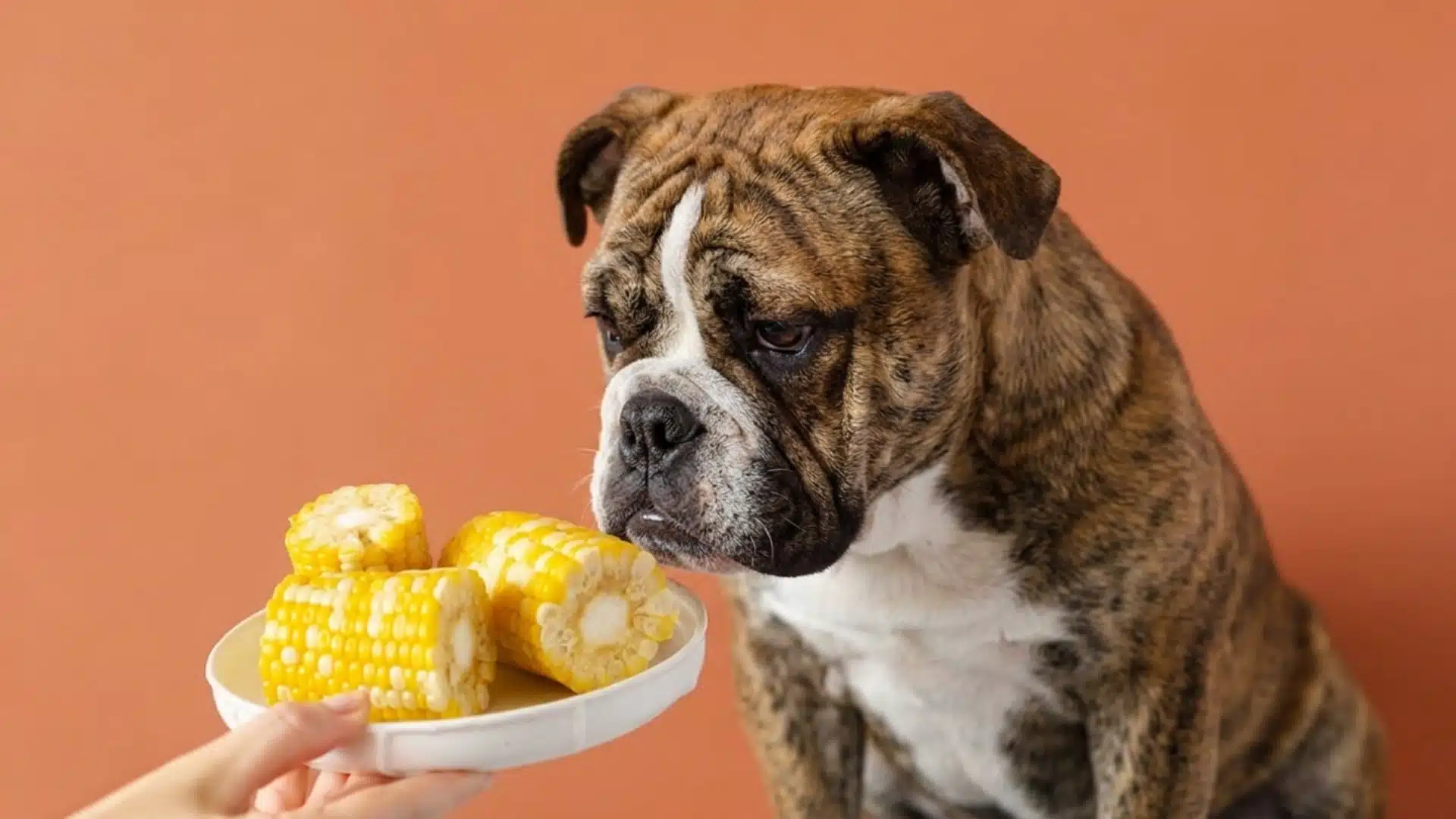 A brindle Bulldog looks down intently at a small plate of chopped corn cobs against a solid orange background