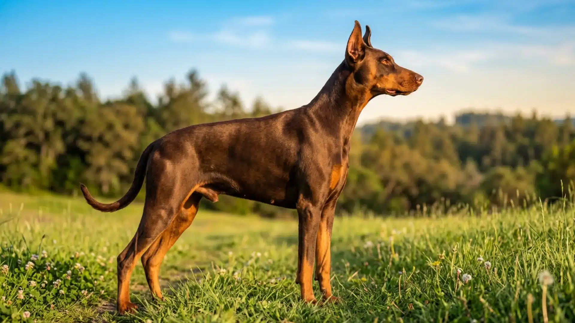 A brown and tan Doberman Pinscher standing alert in a sunny green field with its profile facing right