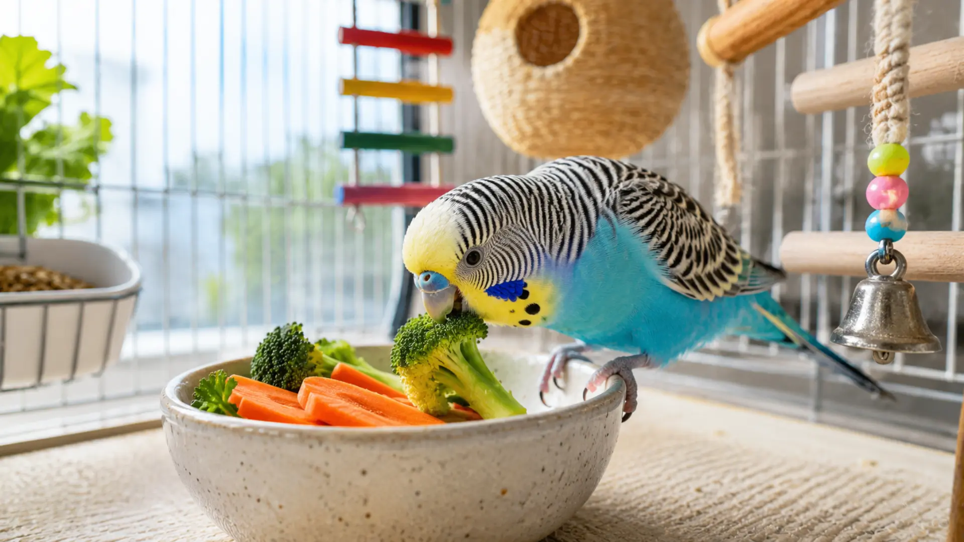 A budgie eating fresh vegetables from a bowl, showing the balanced diet that extends how long budgies live