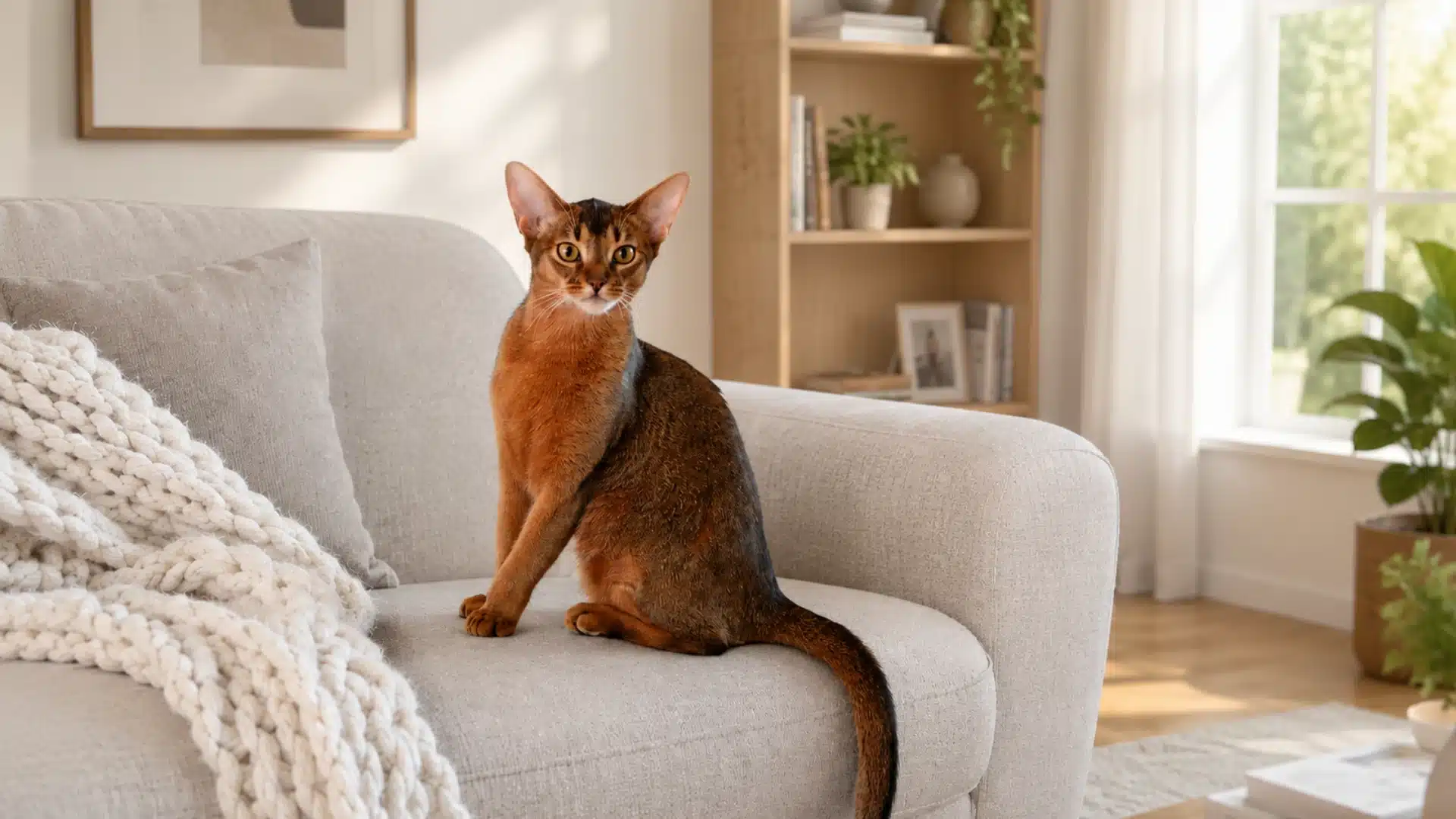 Abyssinian cat sitting on a beige sofa in a sunny living room with plants