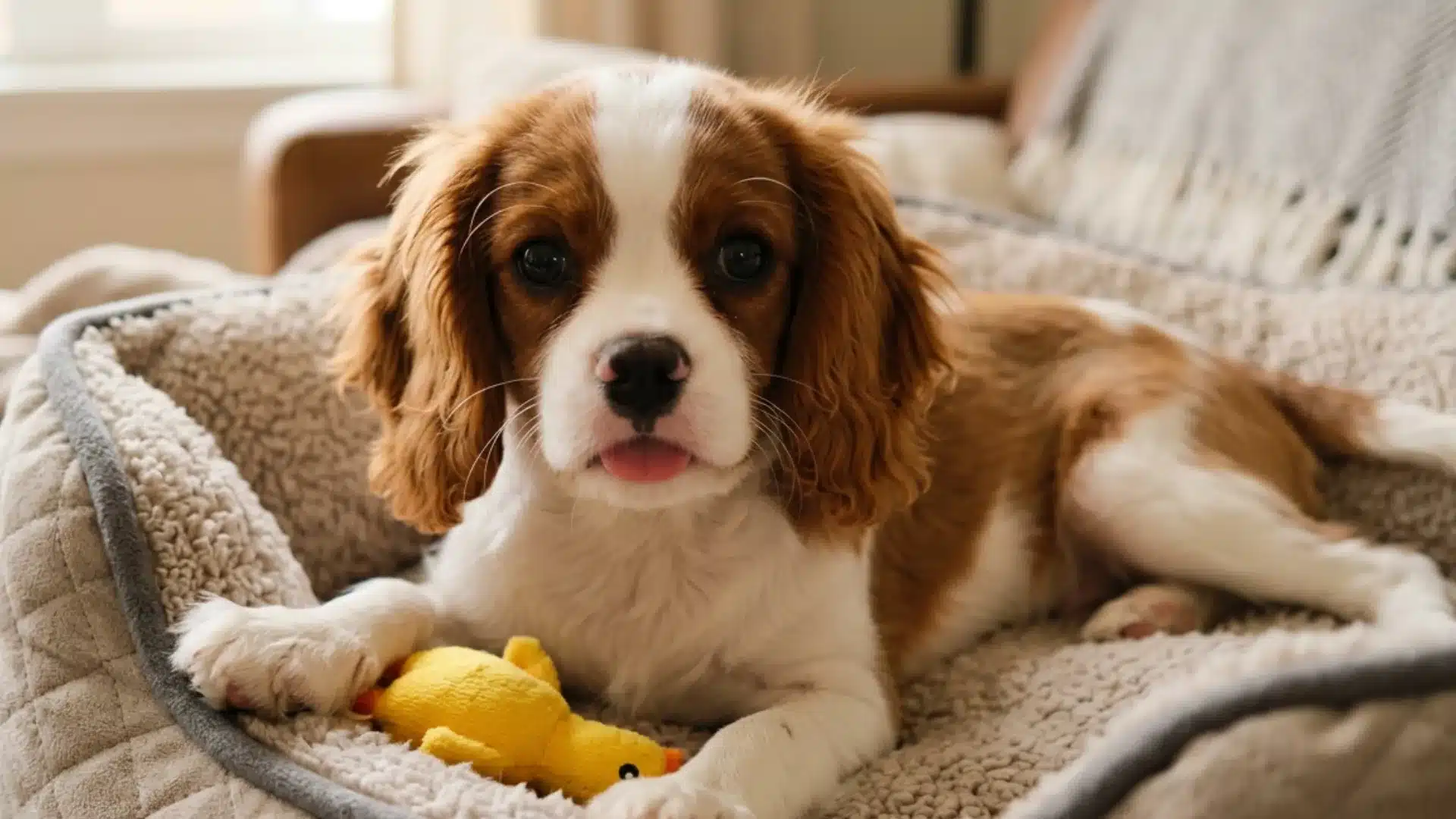 A Cavalier King Charles Spaniel puppy lying in a dog bed with a small yellow plush to