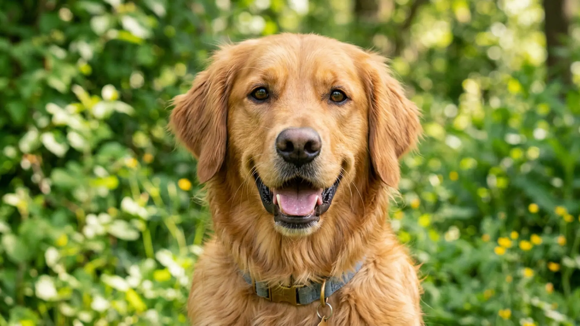 A close-up portrait of a smiling Golden Retriever wearing a collar with green foliage in the background