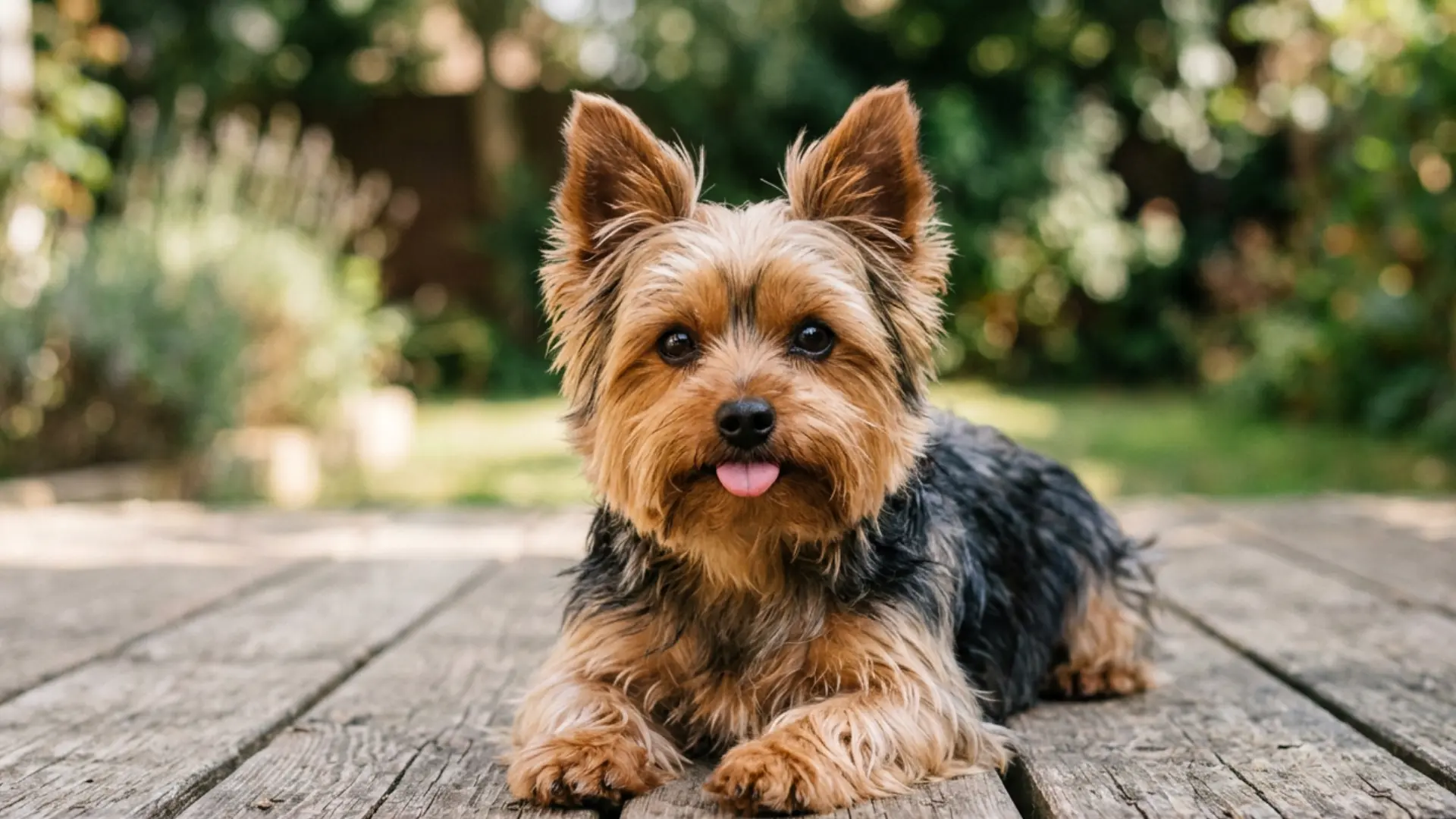 A cute Yorkshire Terrier lying on a wooden deck outside, sticking its small pink tongue out
