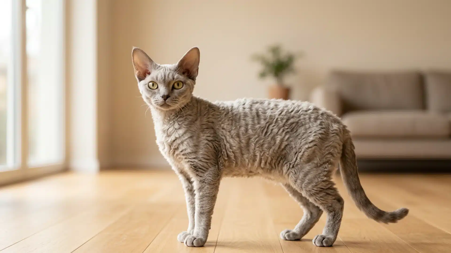 A Devon Rex cat with a curly gray coat stands on a hardwood floor in a living room in