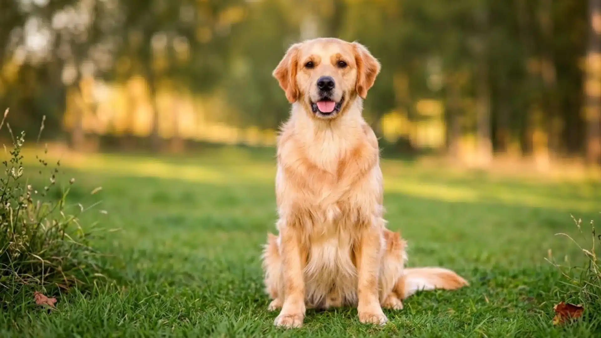 Adolescent golden retriever sitting on grass in a sunny park