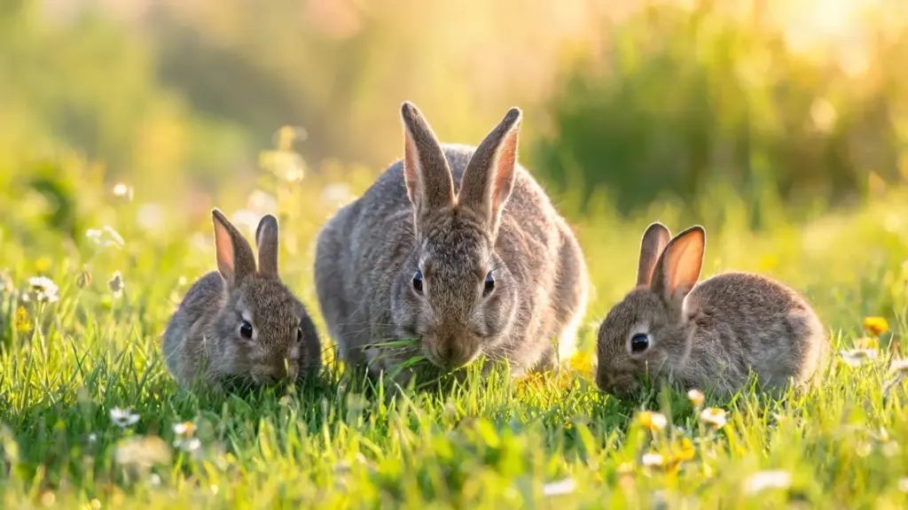 Adult rabbit with two baby bunnies grazing in sunny grass with wildflowers in a natural meadow habitat