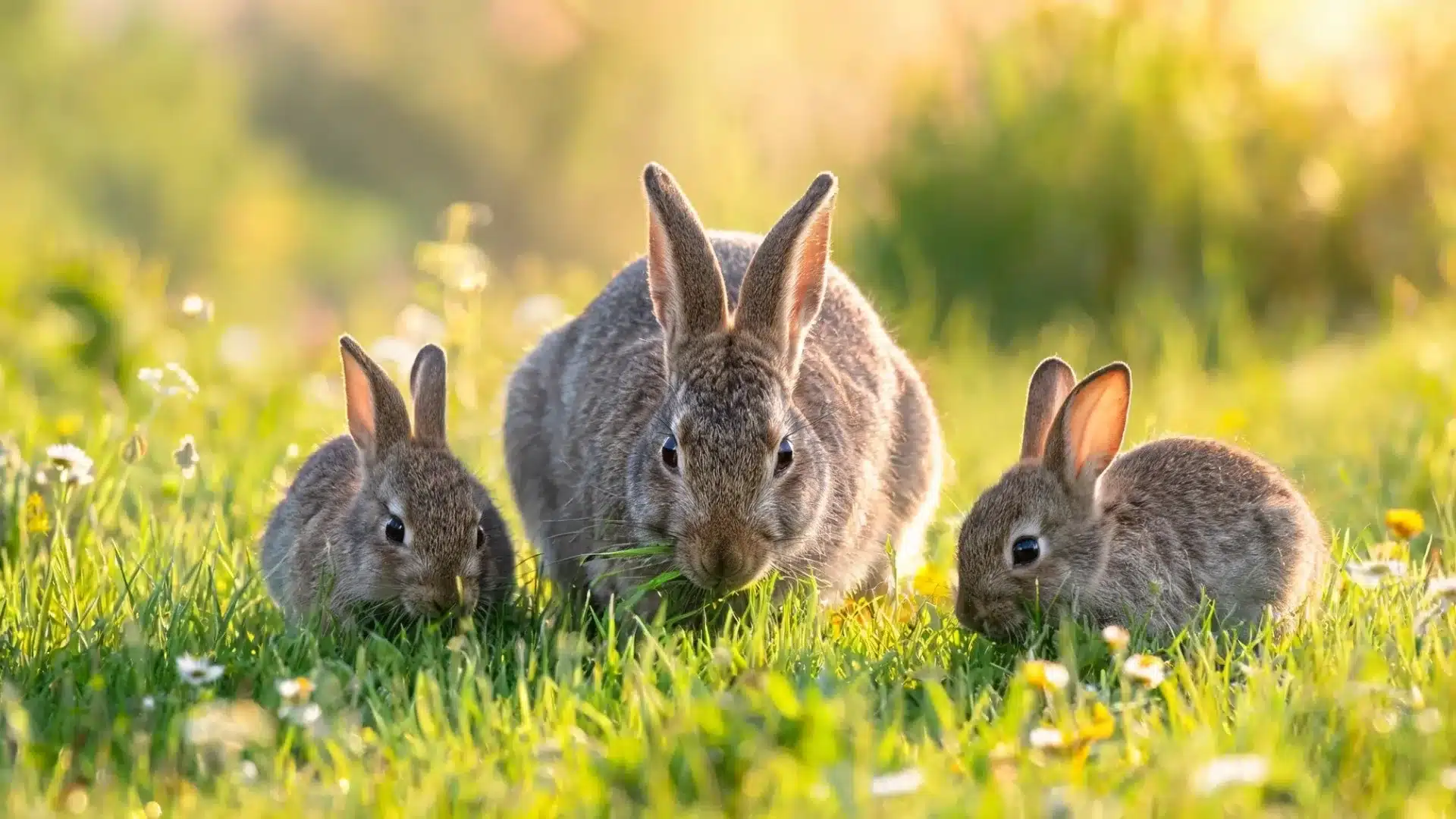 Adult rabbit with two baby bunnies grazing in sunny grass with wildflowers in a natural meadow habitat