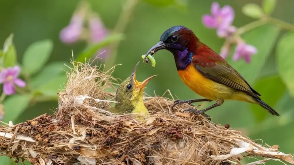Adult sunbird feeding a baby nestling with a caterpillar in the nest, showing natural feeding behavior