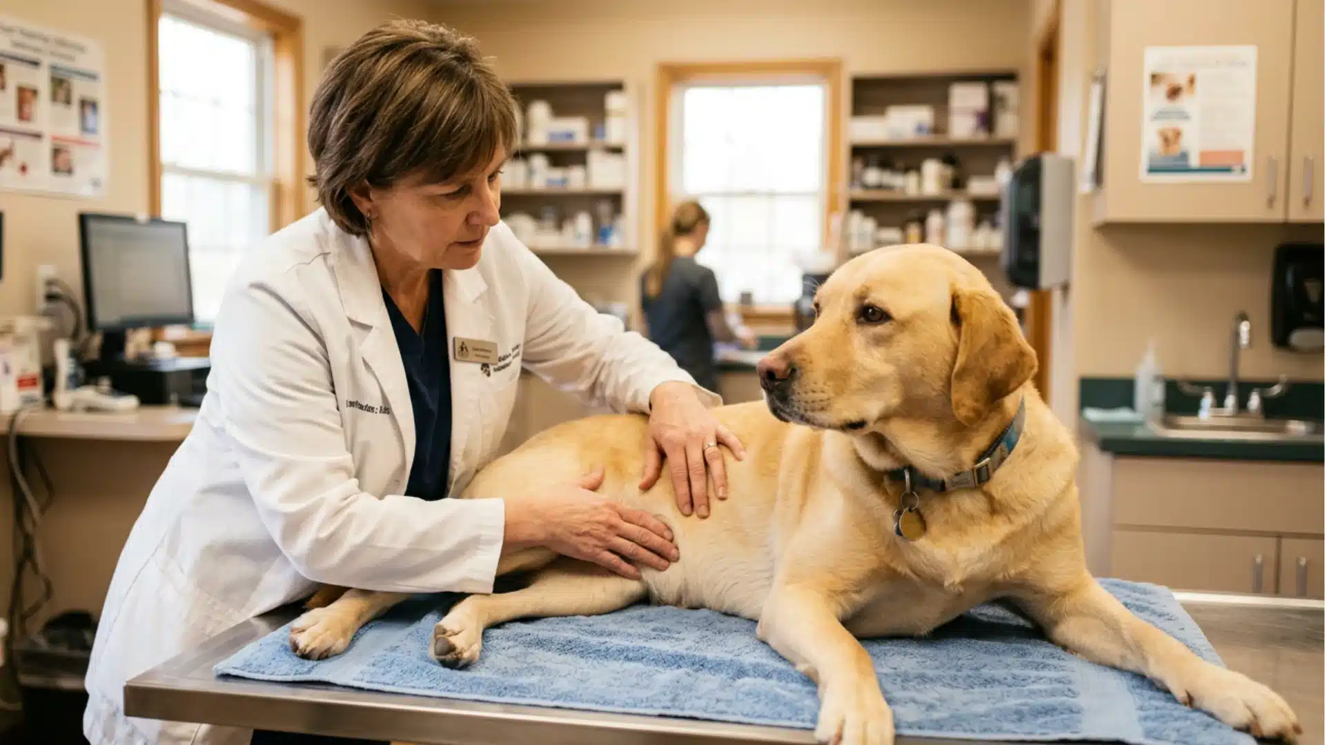 A female veterinarian examines a yellow Labrador retriever lying on a medical table in a clinic