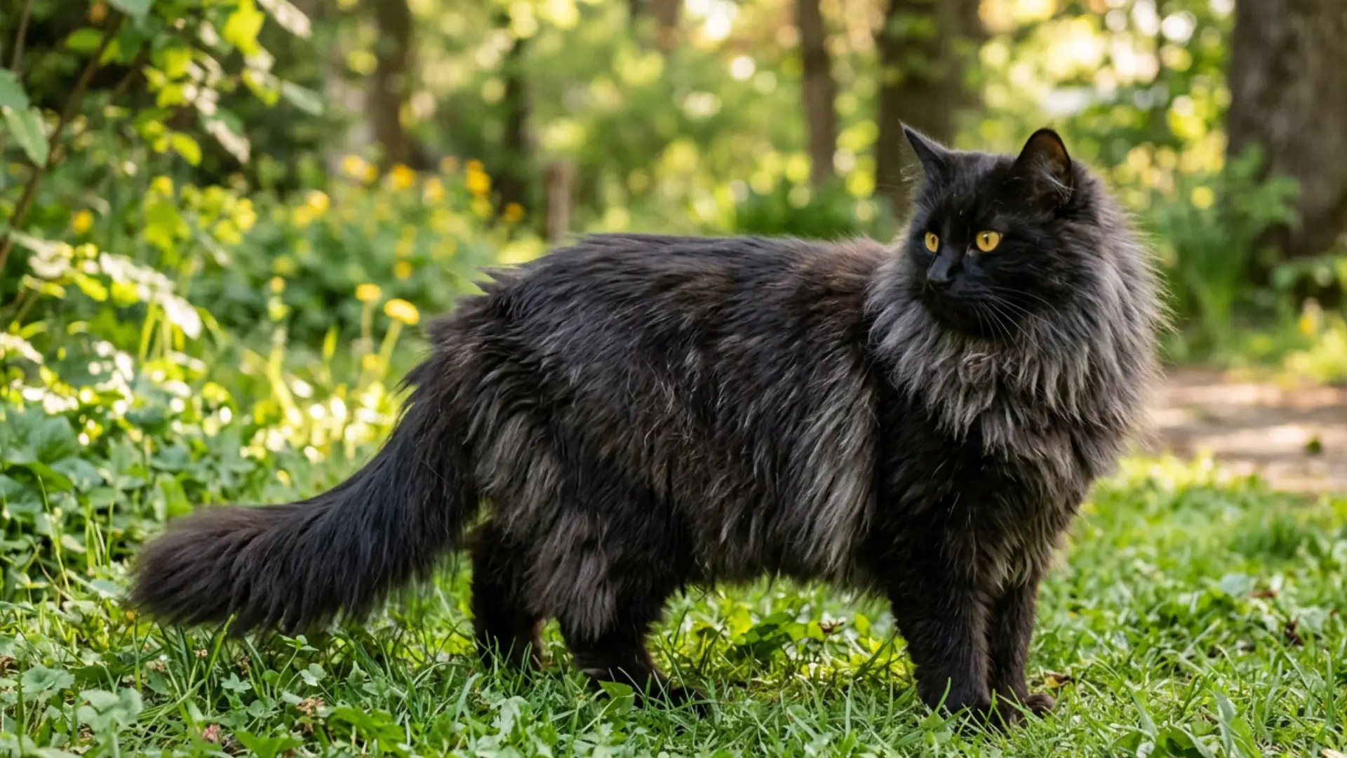 A fluffy black cat with yellow eyes stands in a lush, grassy field in image_e41ffe
