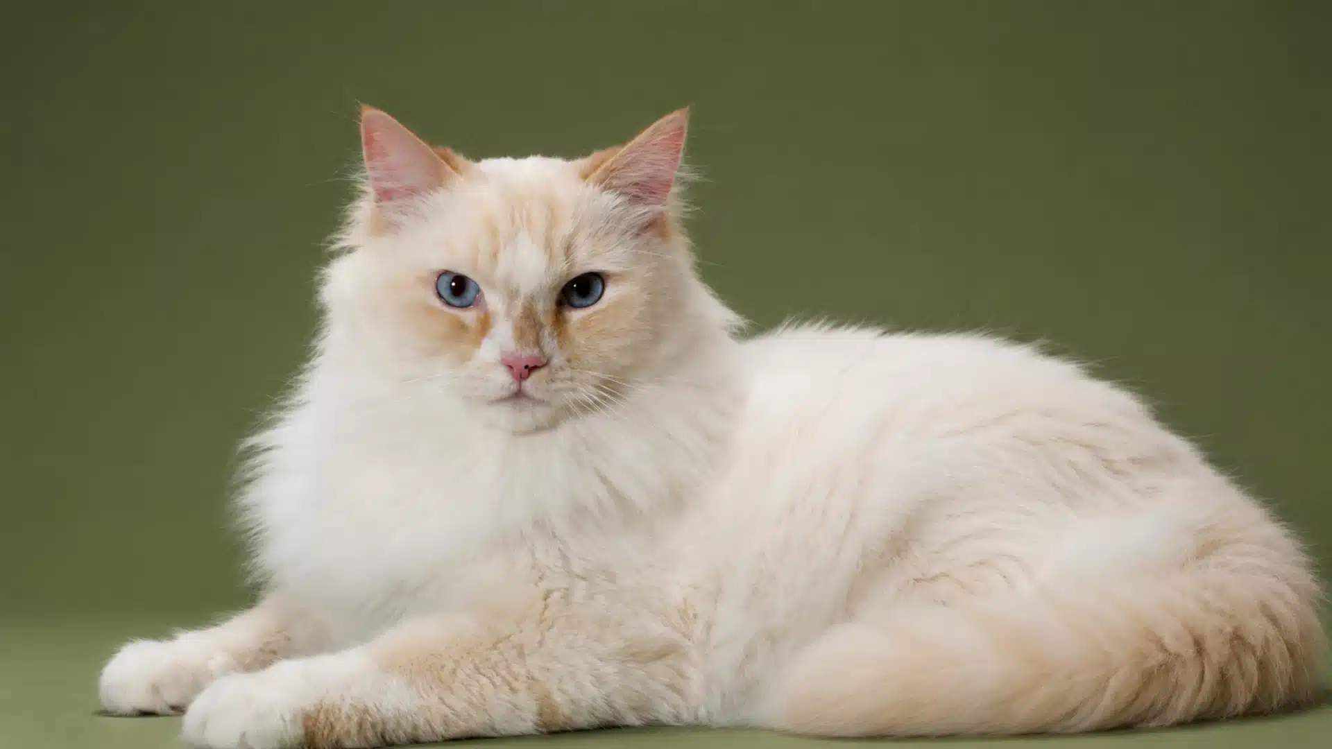 A fluffy cream with blue eyes lying down against an olive green background in
