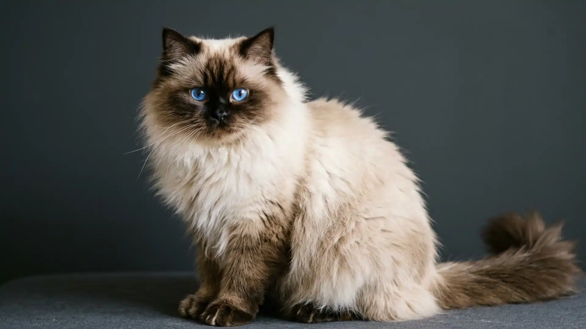 A fluffy Himalayan cat with striking blue eyes sits against a dark background in image