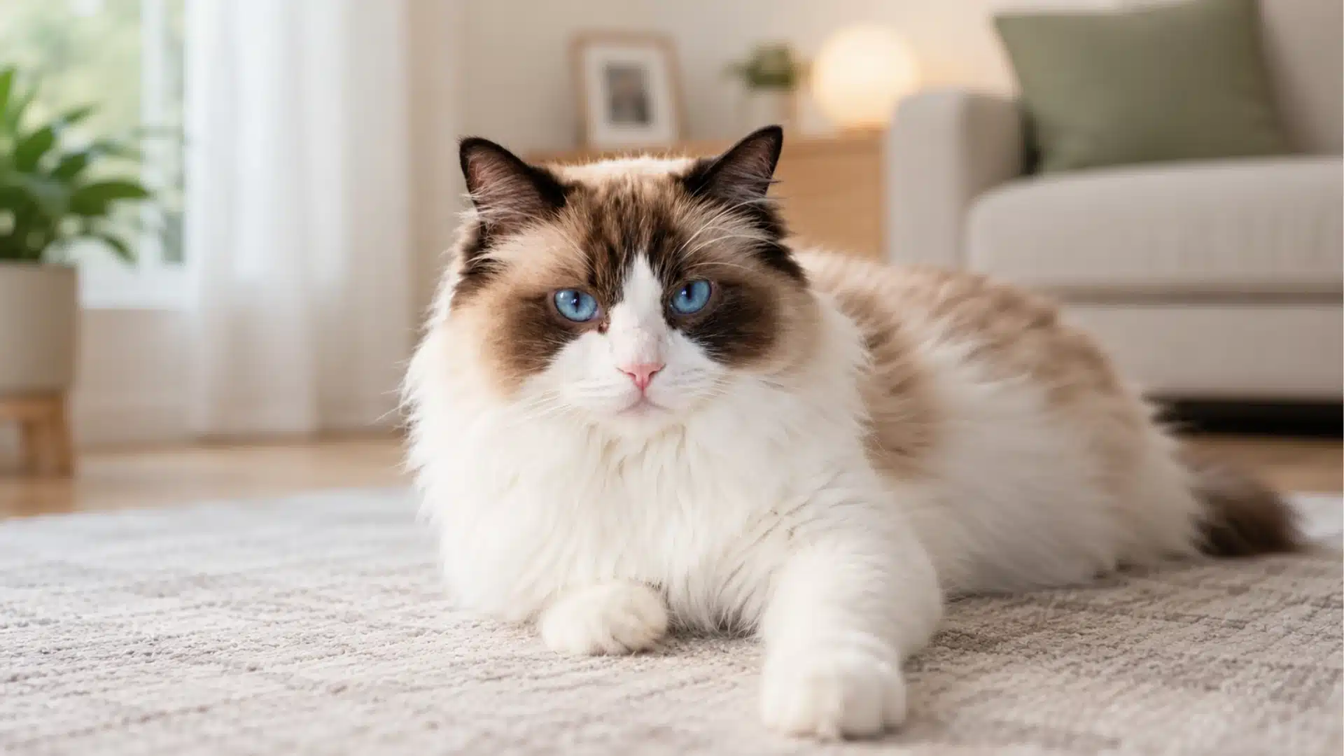 A fluffy Ragdoll cat with striking blue eyes lying on a light-colored rug in a bright, modern living room