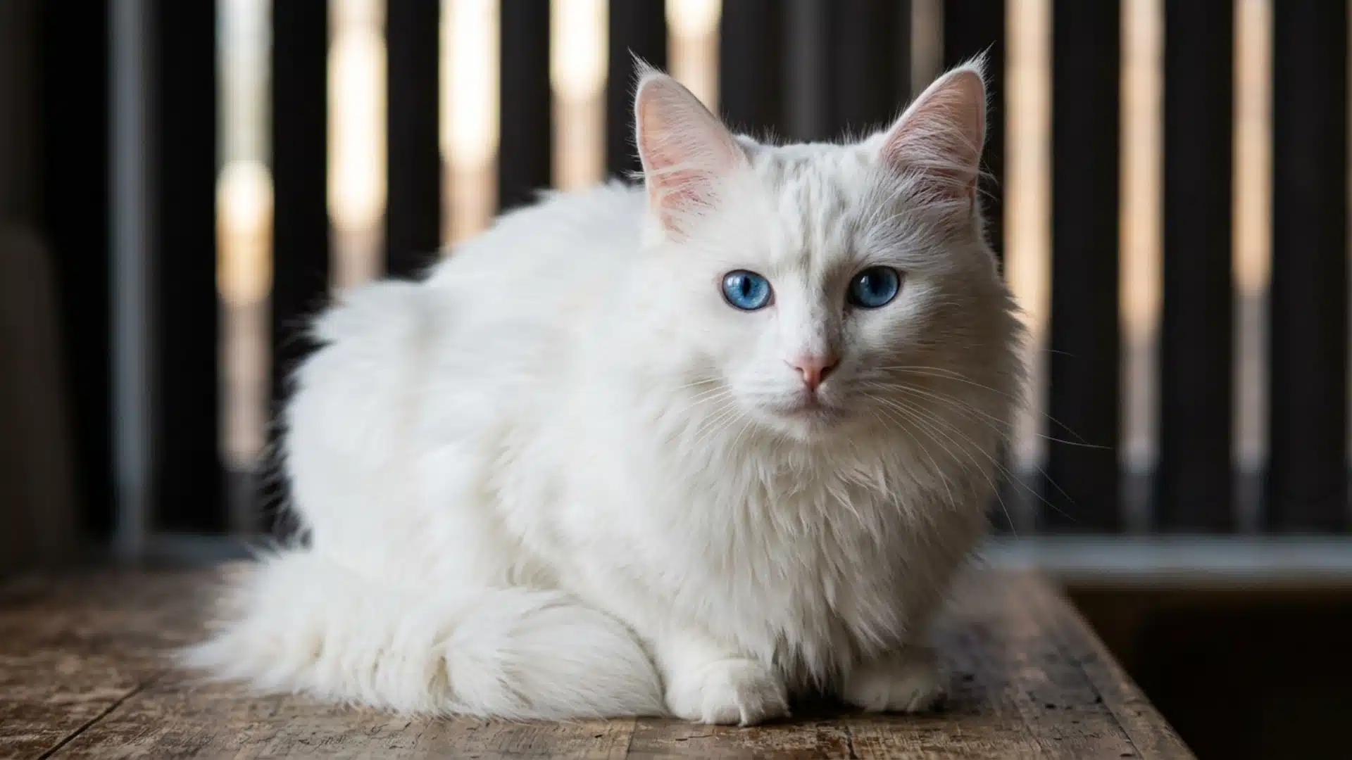 A fluffy white cat with striking blue eyes sitting on a wooden surface against a dark, slatted background