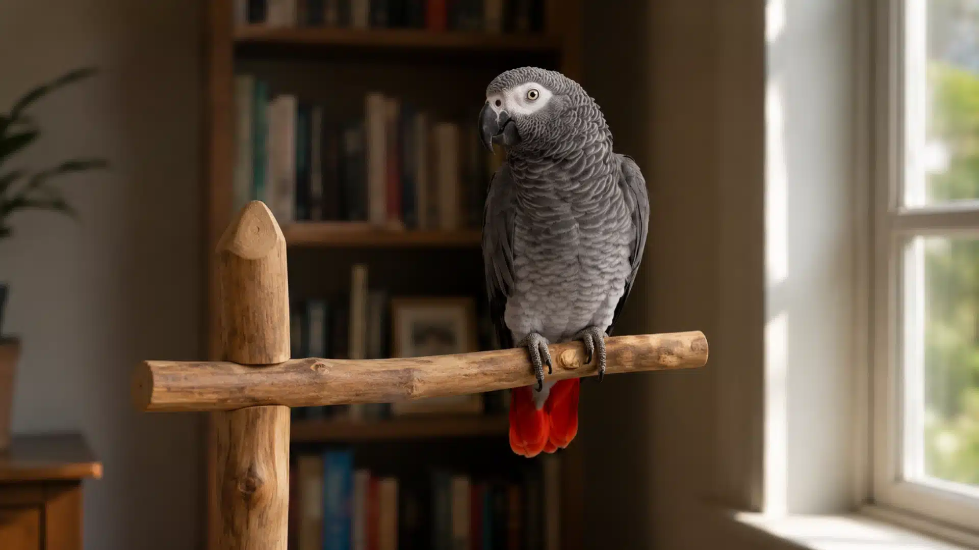 African grey parrot perched indoors on a wooden stand near a sunlit window and bookshelf