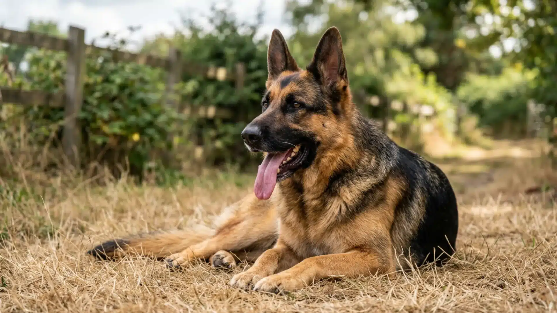 A German Shepherd lying down in a dry grassy field with its tongue out, looking to the side