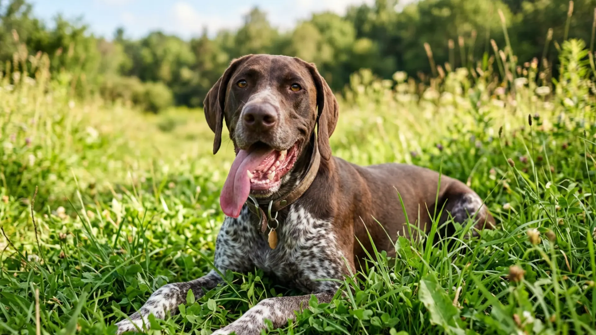 A German Shorthaired Pointer lying in a lush green grassy field, panting with its tongue out