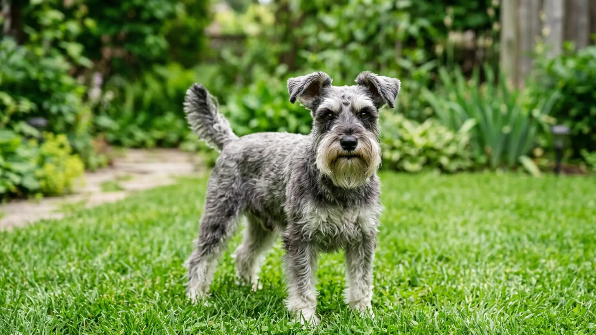 A grey and white Miniature Schnauzer stands alertly on a green lawn in a lush backyard garden