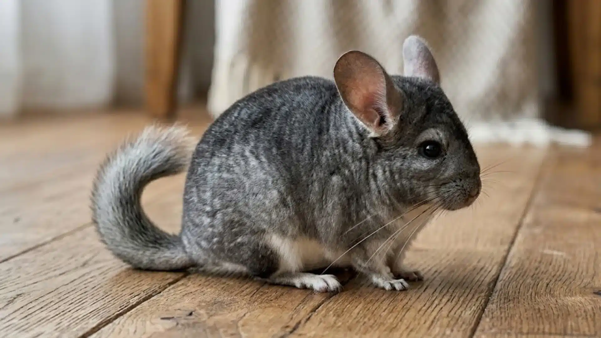 A grey chinchilla sitting on a rustic wooden floor, in a cozy indoor setting