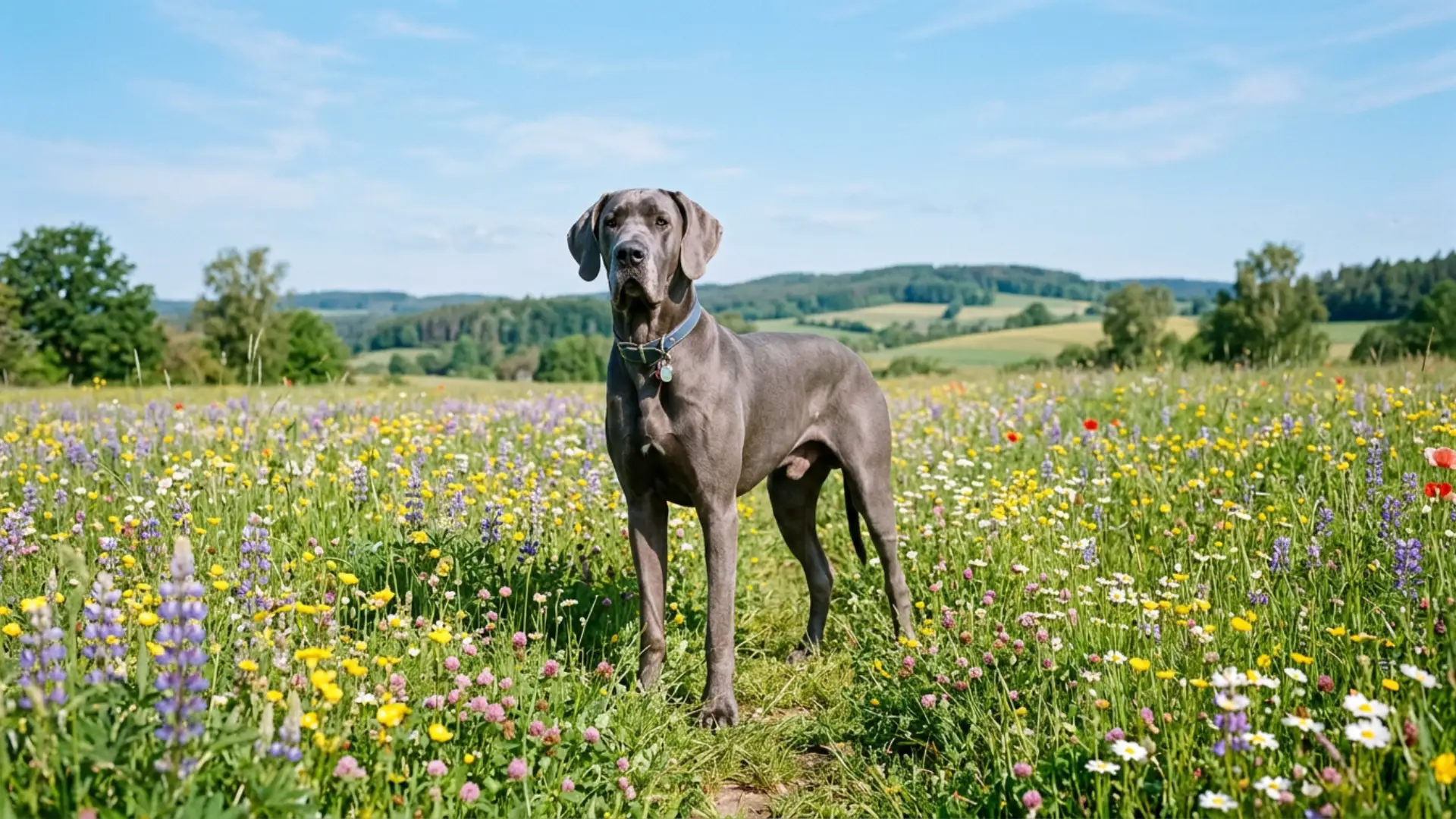 A grey Great Dane standing in a vibrant wildflower field