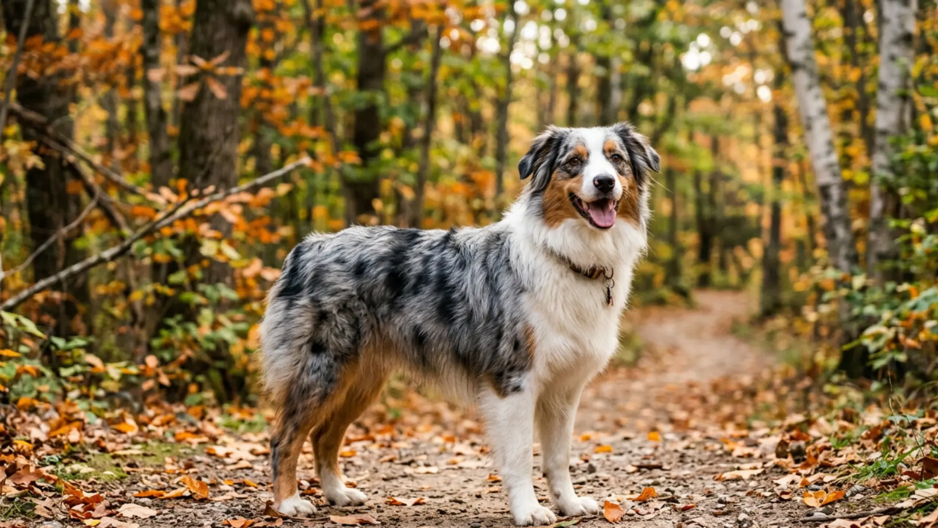 A happy Australian Shepherd standing on a dirt path in a forest with colorful autumn foliage