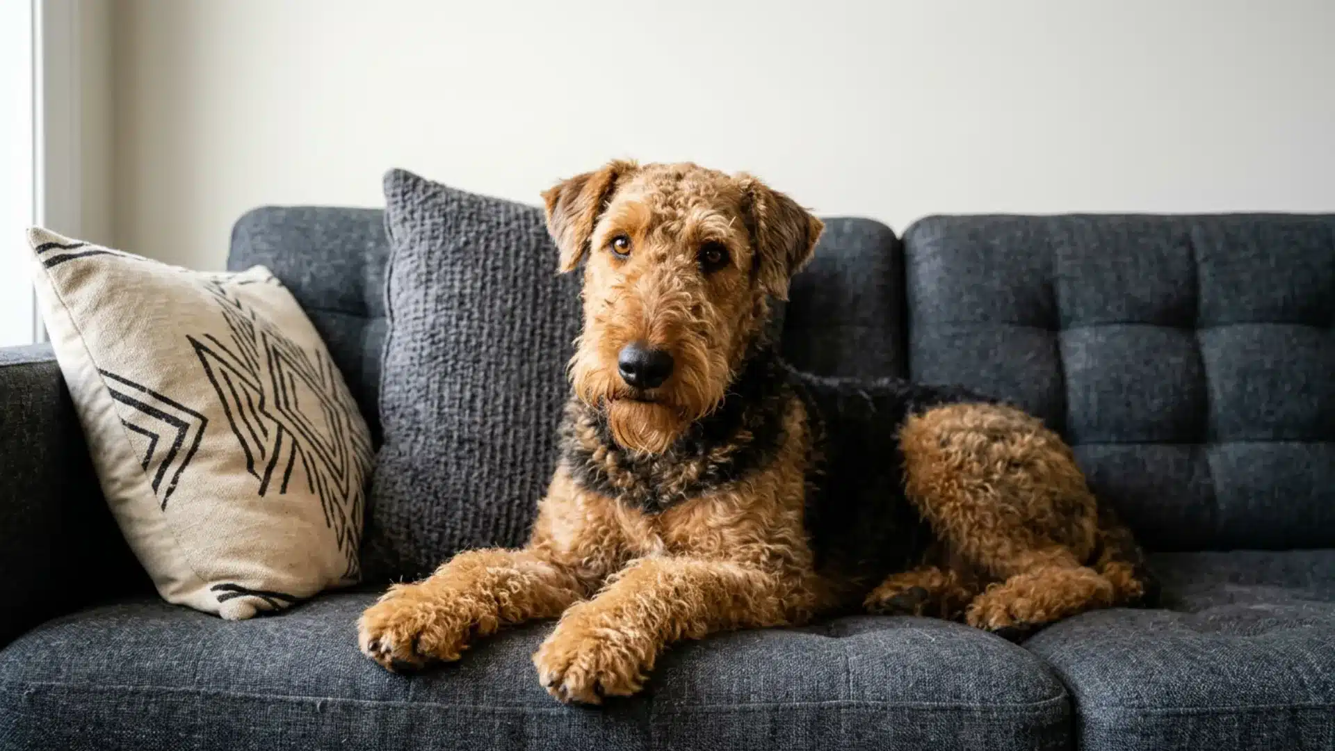 Airedale Terrier lying on a dark gray couch with patterned pillows in a bright living room