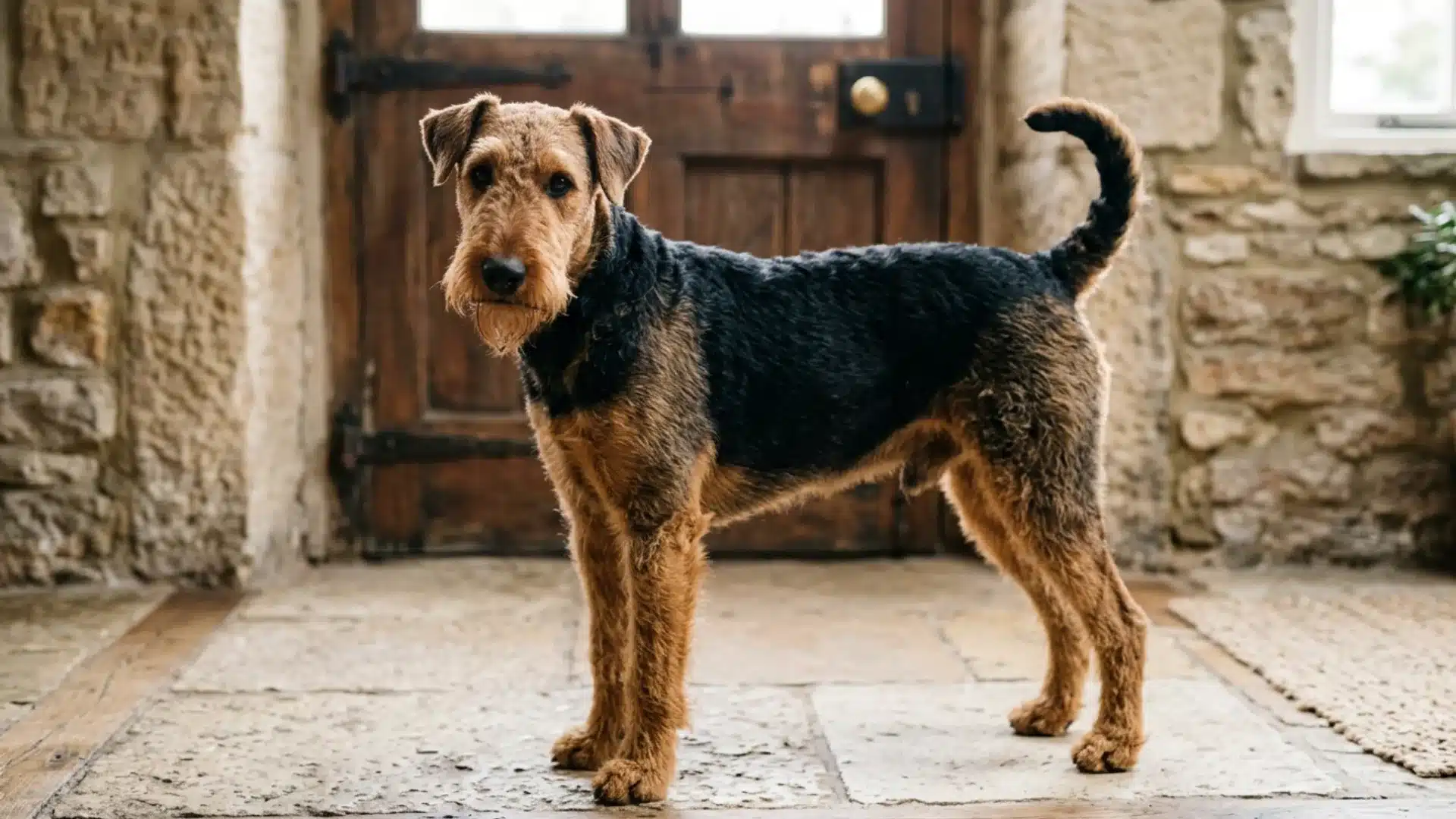 Airedale terrier standing inside a rustic stone cottage