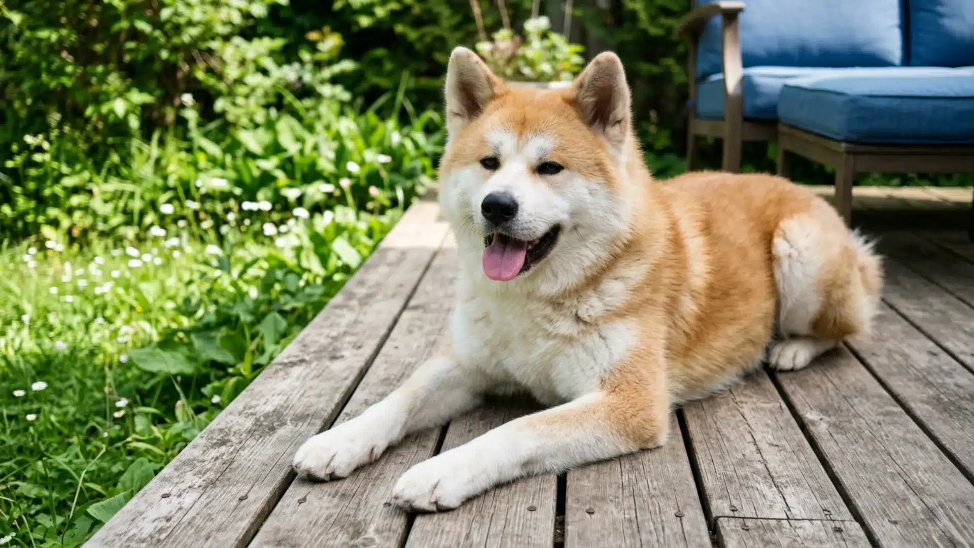 Akita dog lounging on a deck next to garden plants and patio furniture.