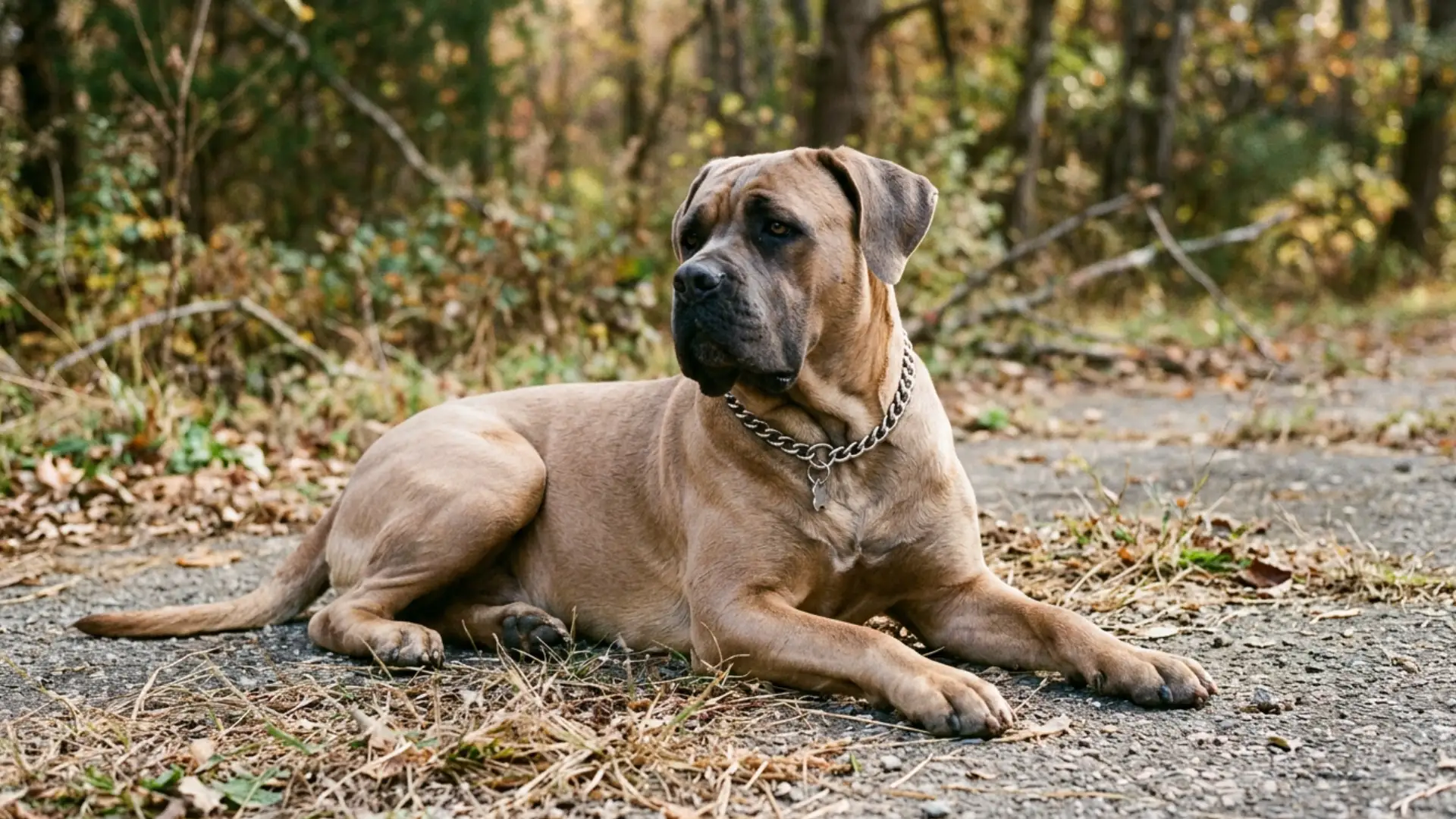 A large Cane Corso dog wearing a chain collar lies on a dirt path in the woods, looking to the side