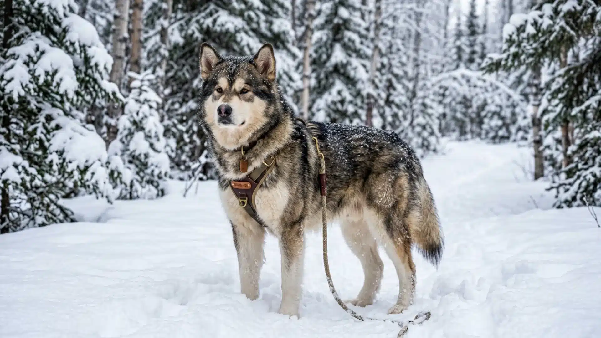 Alaskan Malamute with thick agouti coat standing in deep snow among pine trees