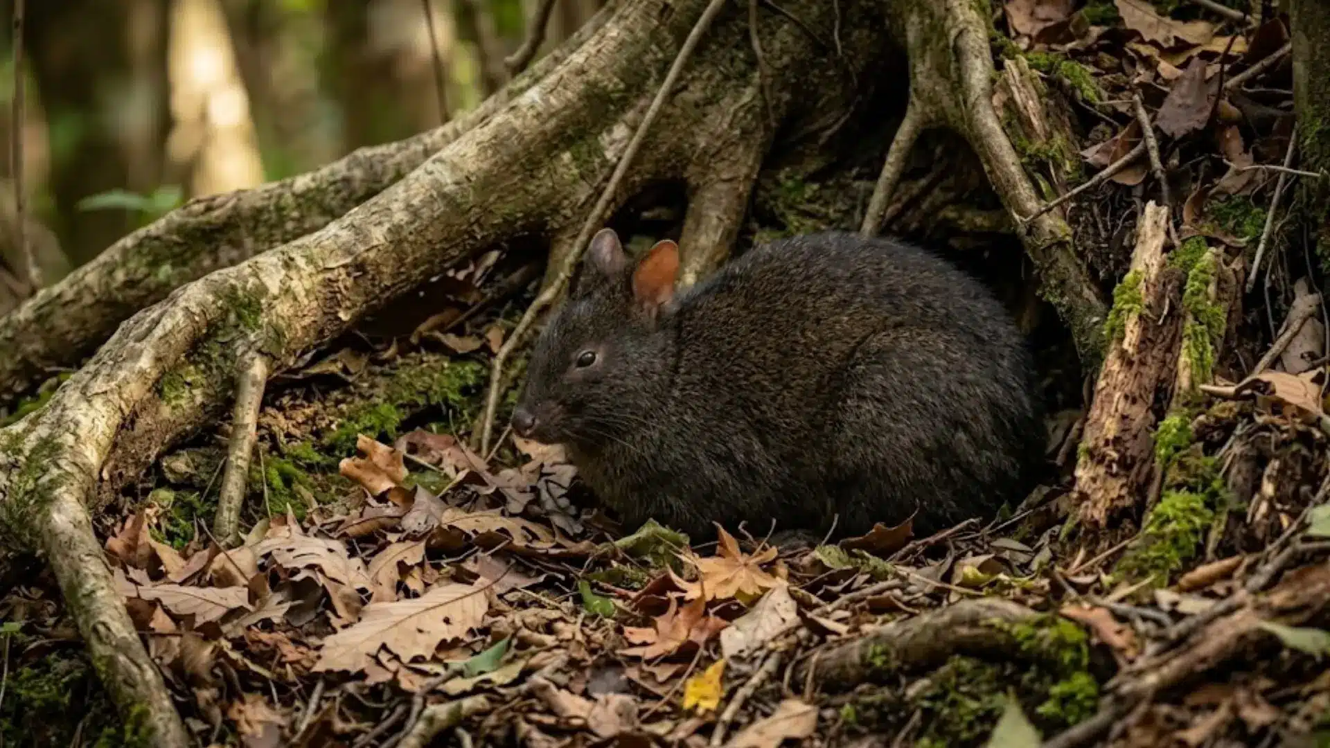 Amami rabbit resting under exposed tree roots in a shaded forest with moss, dry leaves, and natural cover
