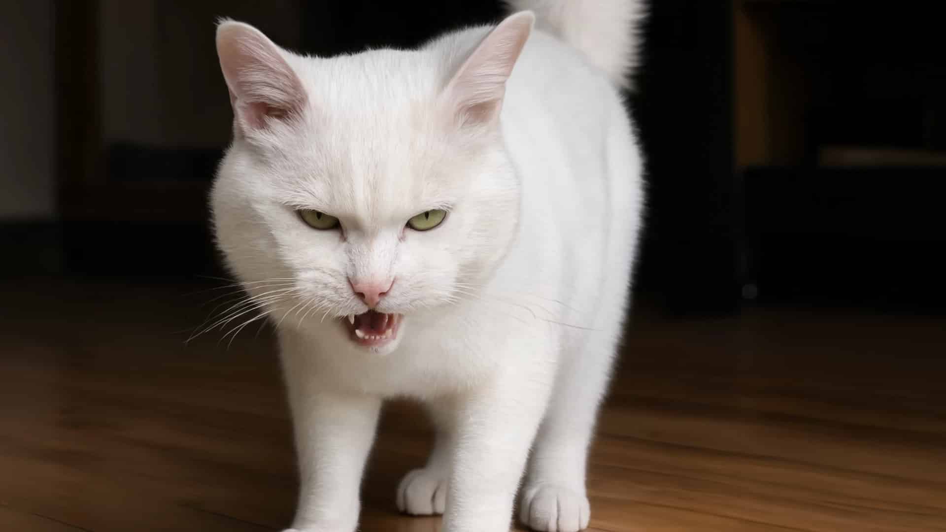 An angry white cat with its mouth open, showing teeth, stands on a wooden floor
