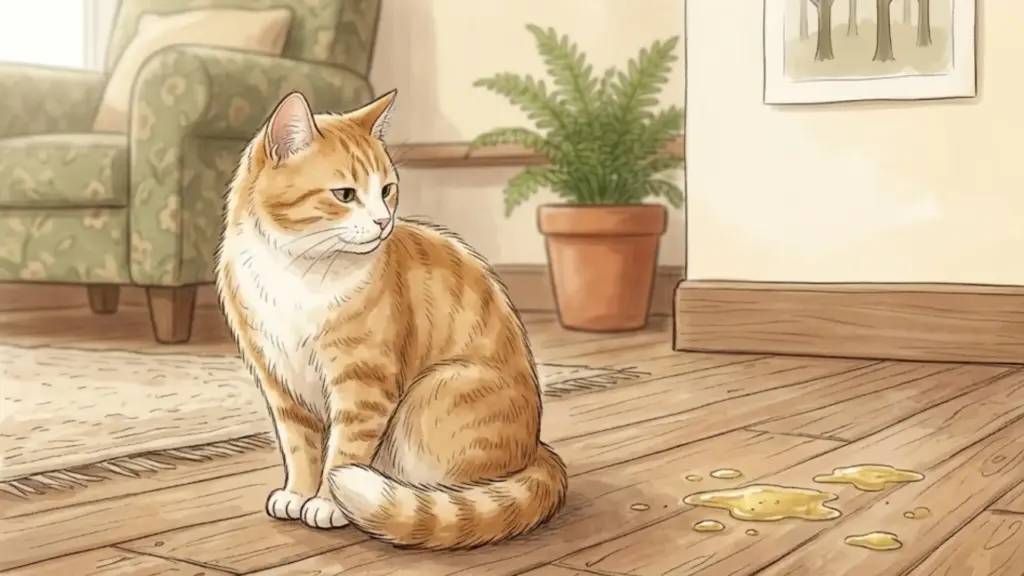 An illustration of an orange cat sitting beside a yellow vomit on a wooden floor in a living room