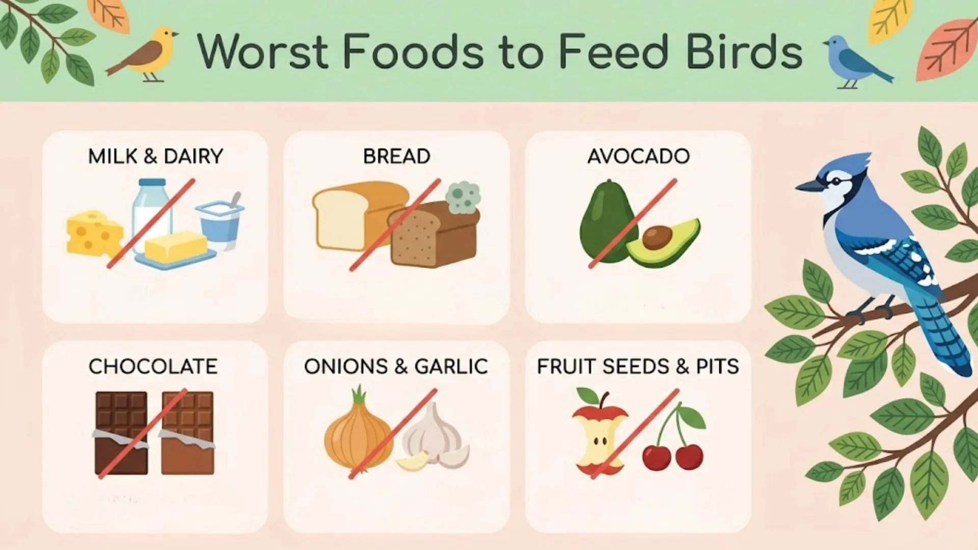 An infographic titled Worst Foods to Feed Birds listing milk, bread, avocado, chocolate, onions, and fruit seeds