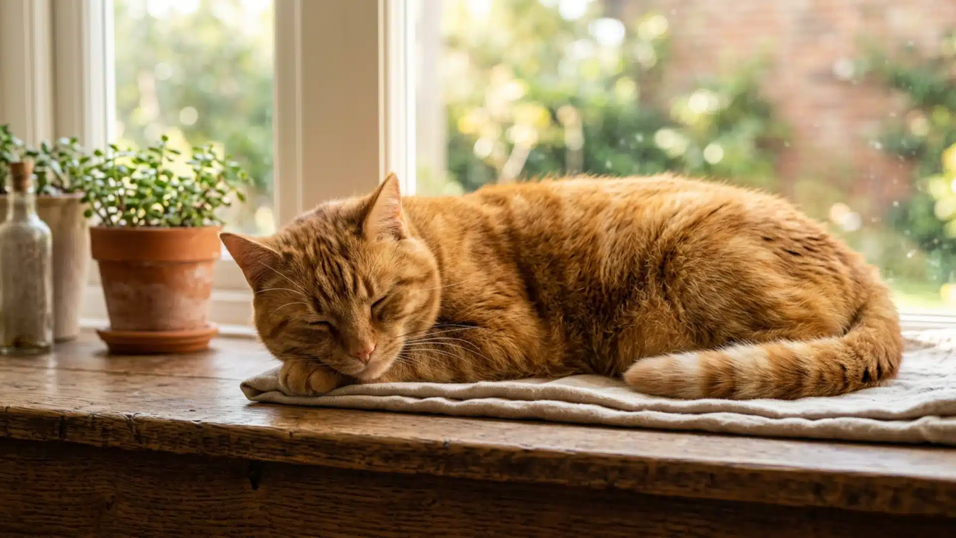 An orange tabby cat sleeps on a folded cloth on a wooden surface beside a window and potted plants.