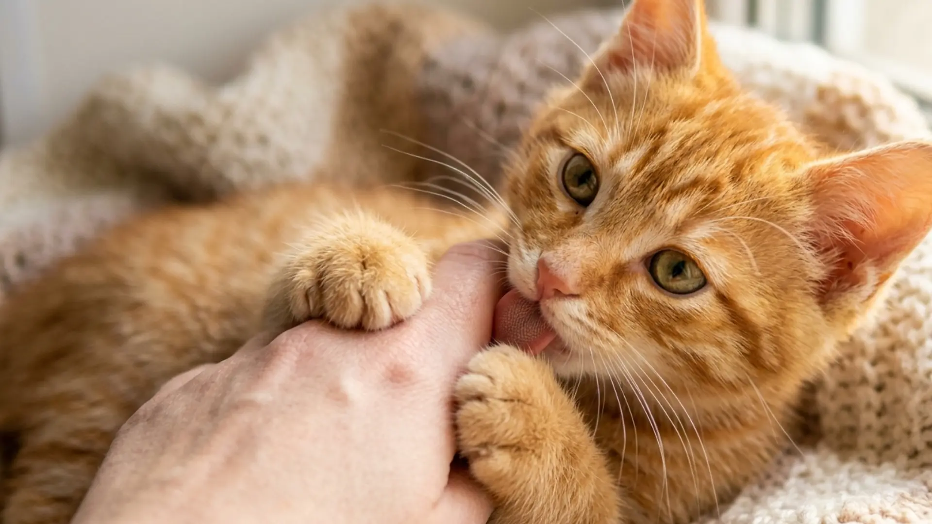 An orange tabby kitten holds and licks a human hand while lying on a soft, knitted blanket by a window