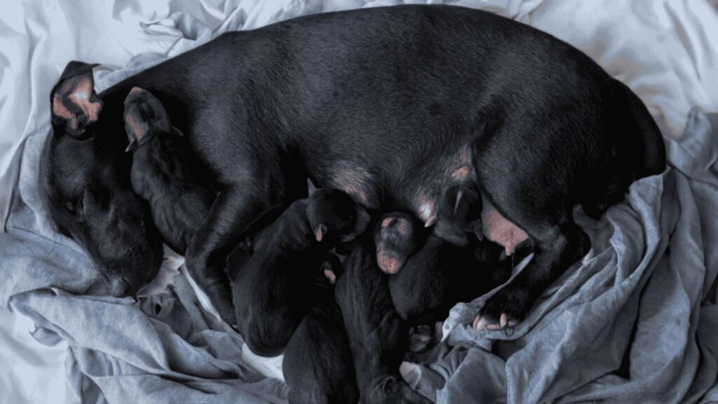 An overhead photo of a black mother dog nursing several newborn black puppies on grey bedding