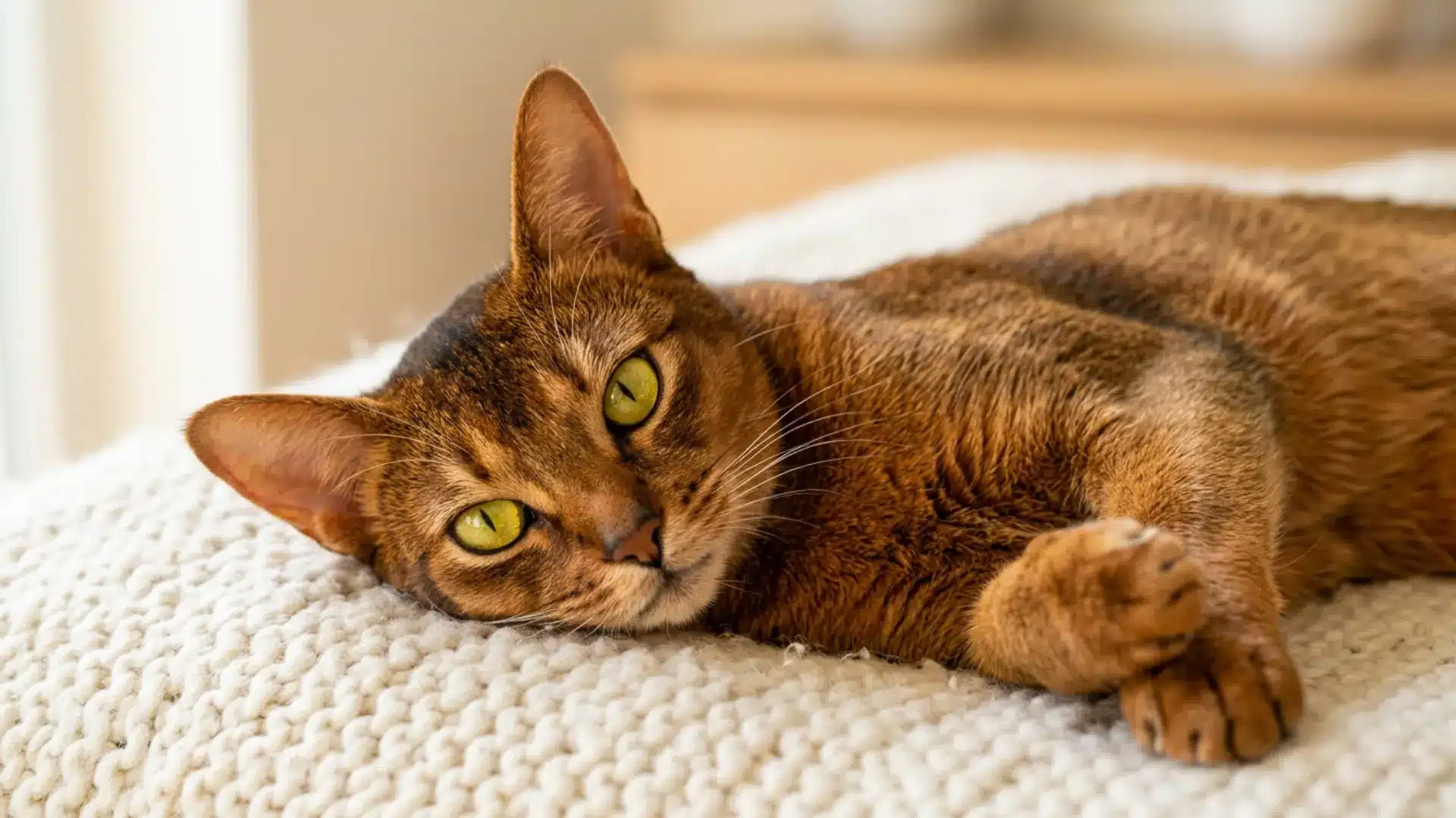 An Abyssinian cat with green eyes lies on a knit white blanket in