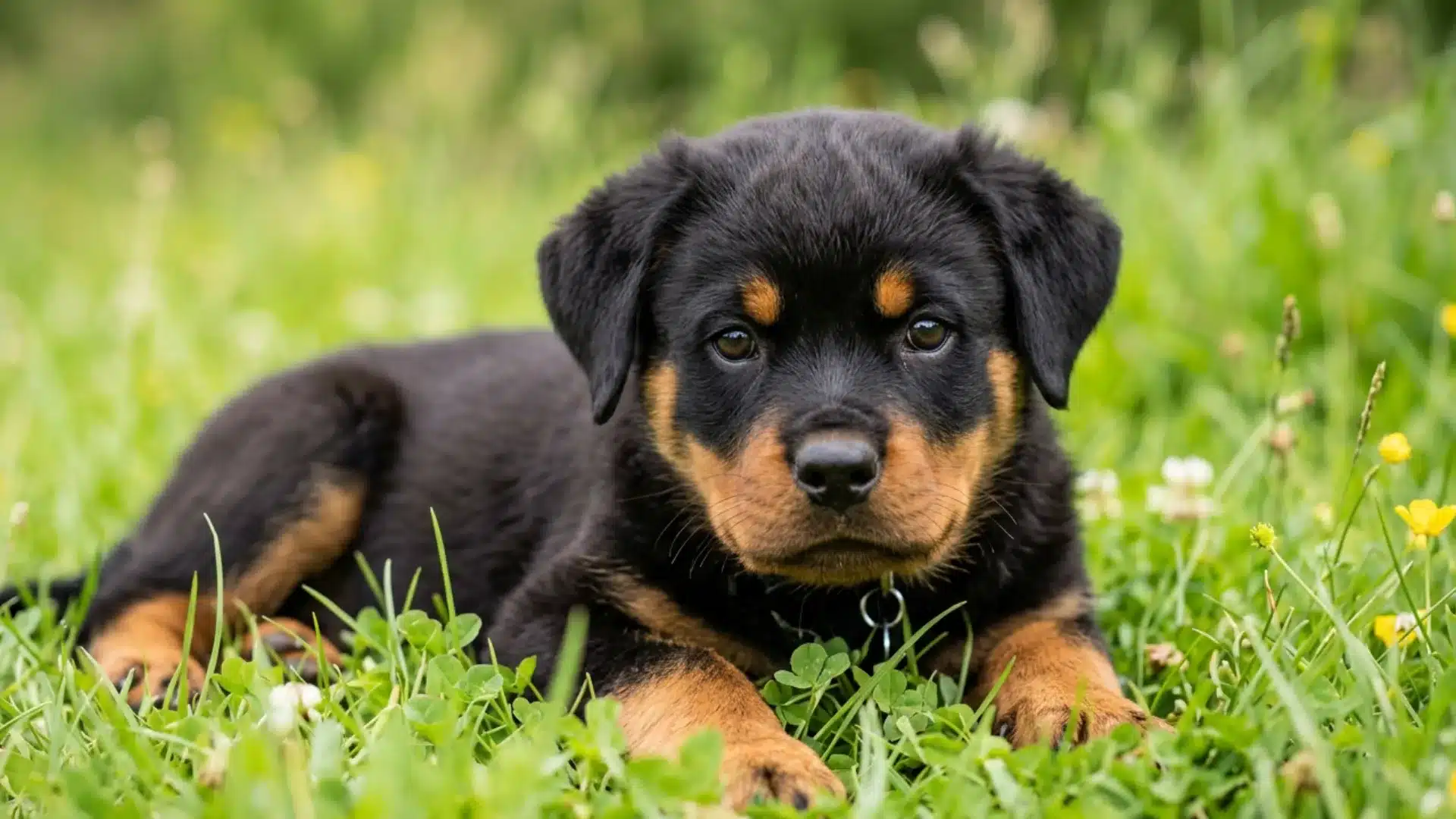 An adorable Rottweiler puppy lying down in a lush, green grassy field, looking directly at the camera