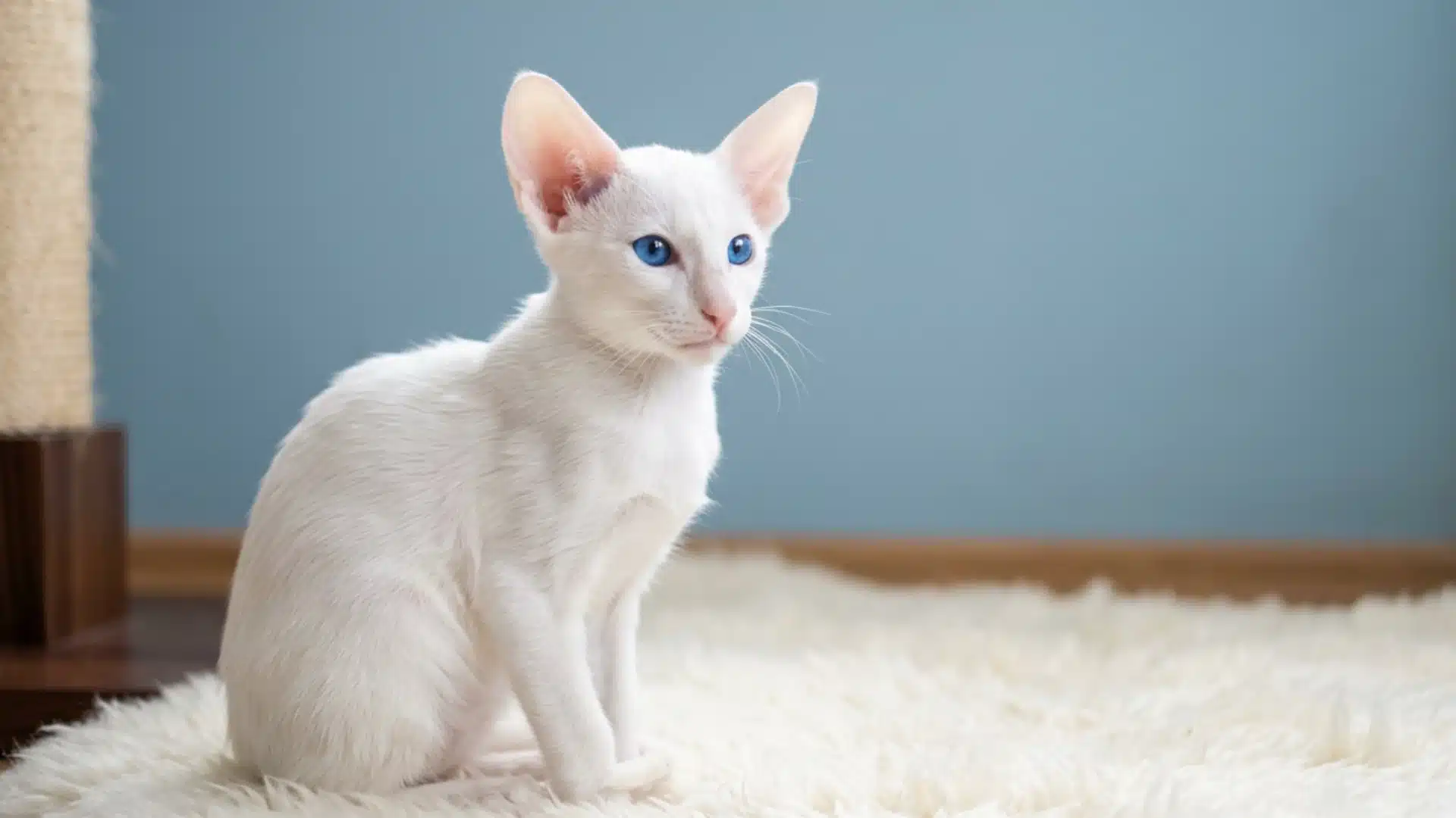 An elegant white Oriental Shorthair kitten with large ears and bright blue eyes sitting on a fluffy white rug