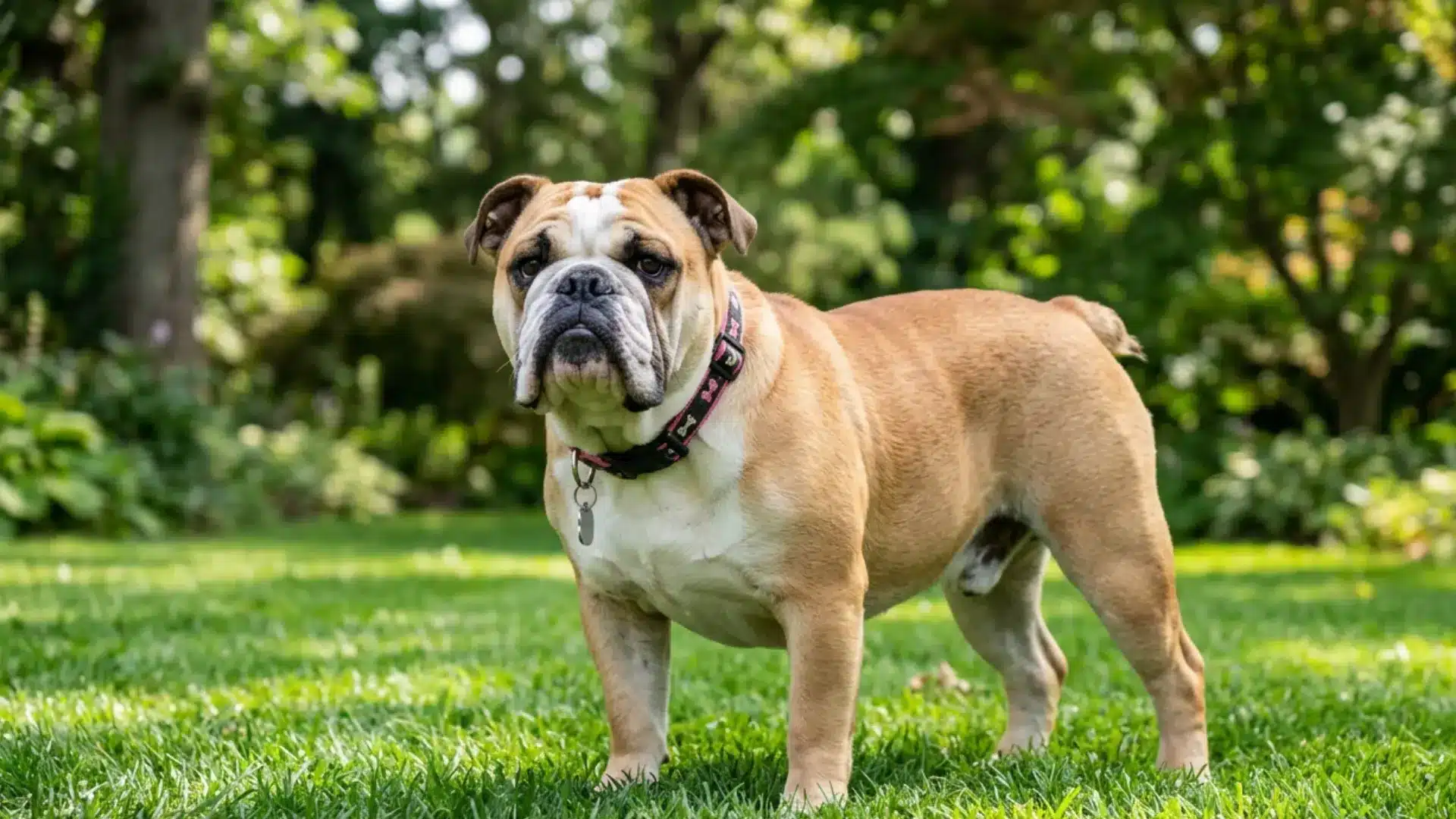 An English Bulldog wearing a collar stands on a green grass lawn with trees in the background