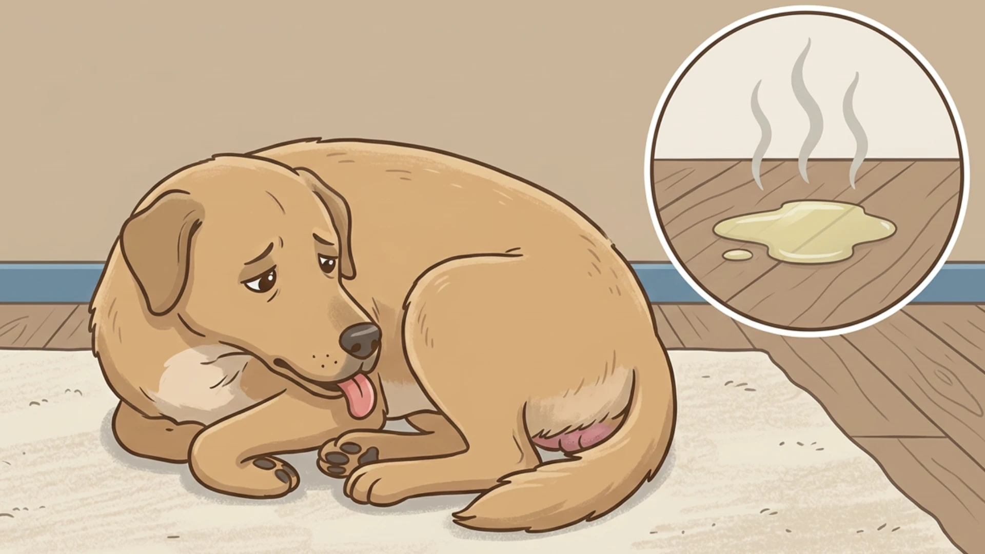 Anxious dog licking its rear, next to a circular inset showing a smelly puddle of urine on the floor