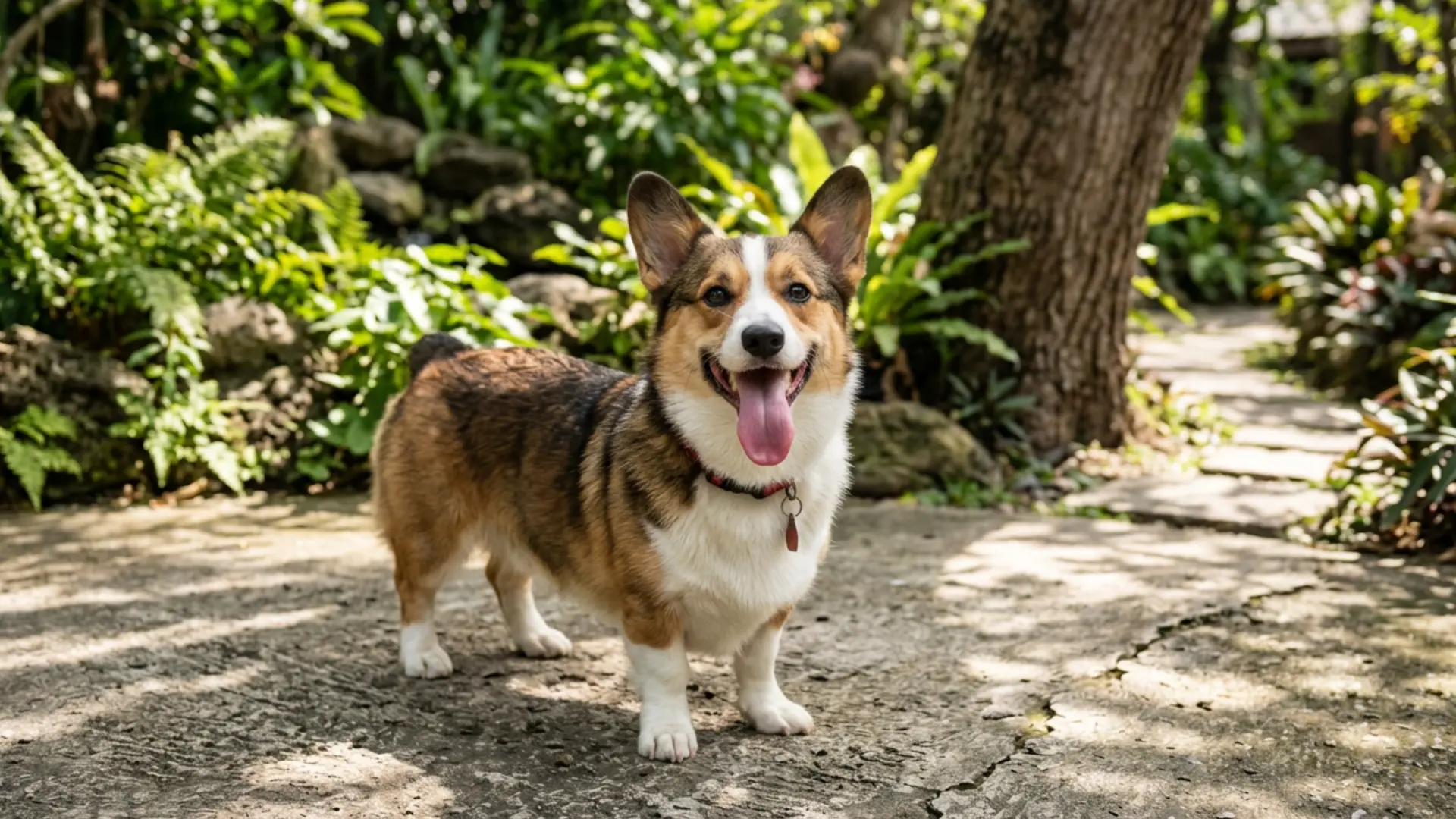 A Pembroke Welsh Corgi standing on a stone path in a lush garden, smiling with its tongue out