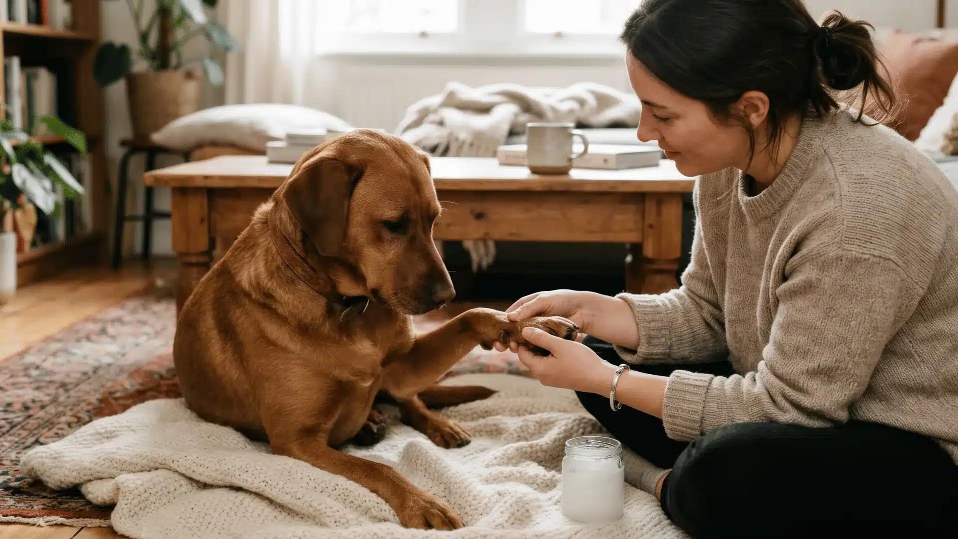 Applying coconut oil to a dog's dry cracked paw pads as a natural moisturizer